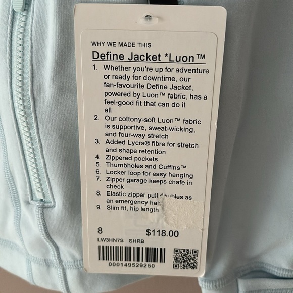 LULULEMON DEFINE JACKET *LUON IN SHEER BLUE (SHRB) SZ 8 NWT - Picture 6 of 8